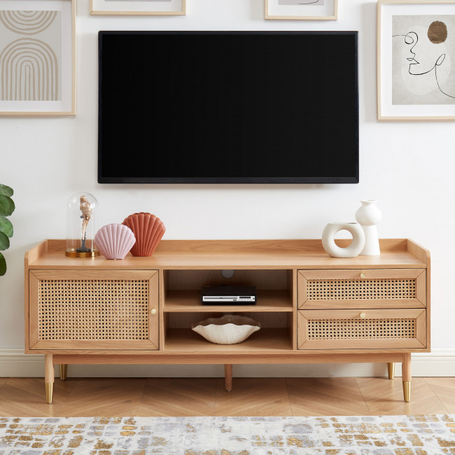 Bombong - Meuble TV 1 porte 2 tiroirs en bois et cannage L160cm